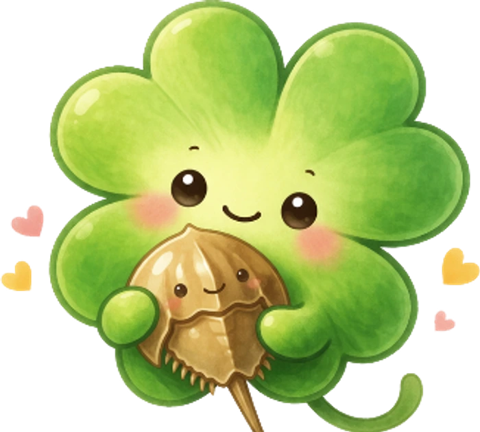 ハッピーズのキャラクター「はぴガニ」。四つ葉のクローバーがカブトガニを抱えている